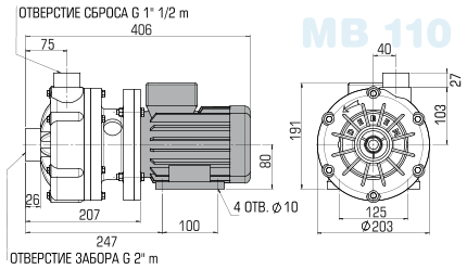 Центробежный насос MB 110 (Debem) - размеры