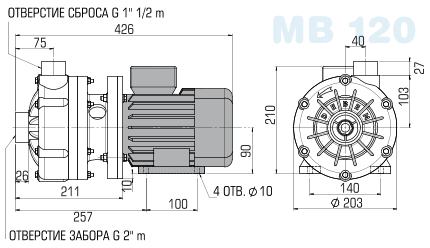 Центробежный насос MB 120 (Debem) - размеры